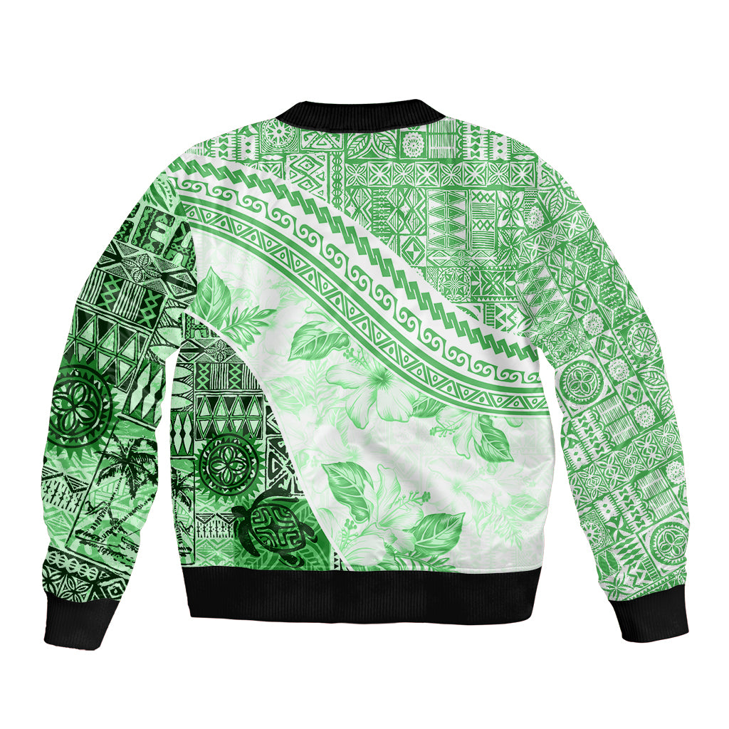 Hawaiian Tapa Sleeve Zip Bomber Jacket Traditional Vintage Pattern Green LT05 - Polynesian Pride
