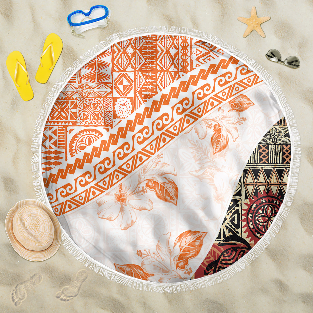Hawaiian Tapa Beach Blanket Traditional Vintage Pattern Orange LT05 One Size 150cm Orange - Polynesian Pride