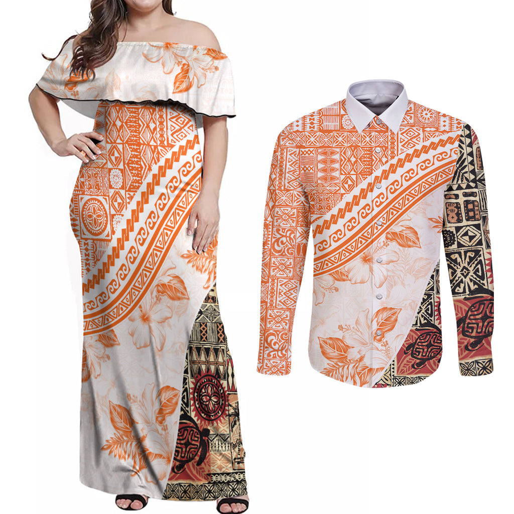 Hawaiian Tapa Couples Matching Off Shoulder Maxi Dress and Long Sleeve Button Shirt Traditional Vintage Pattern Orange LT05 Orange - Polynesian Pride