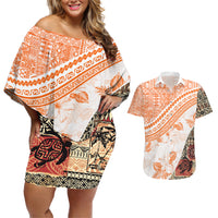 Hawaiian Tapa Couples Matching Off Shoulder Short Dress and Hawaiian Shirt Traditional Vintage Pattern Orange LT05 Orange - Polynesian Pride