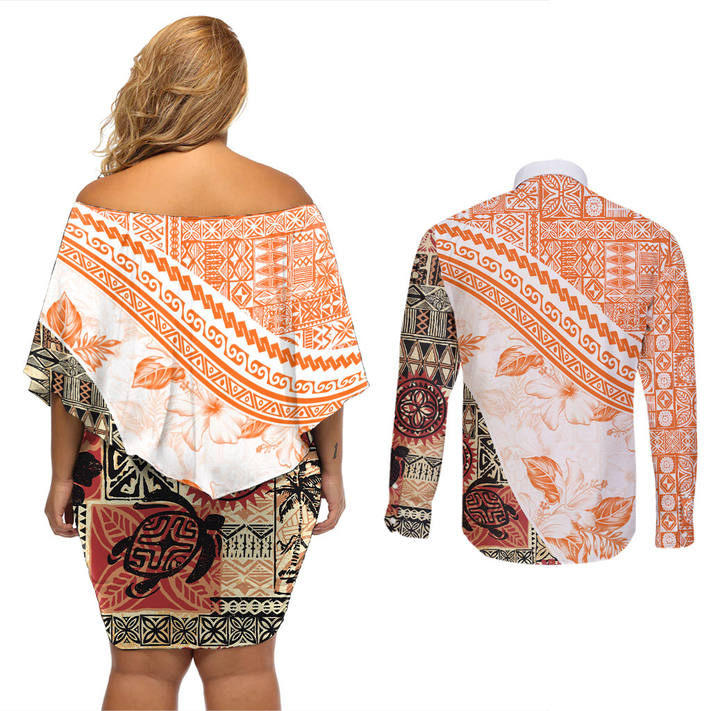Hawaiian Tapa Couples Matching Off Shoulder Short Dress and Long Sleeve Button Shirt Traditional Vintage Pattern Orange LT05 - Polynesian Pride