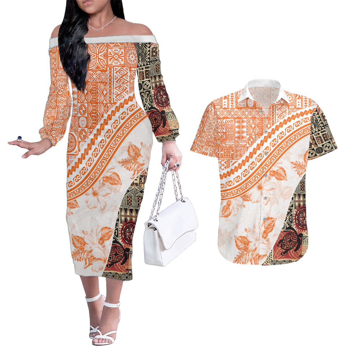 Hawaiian Tapa Couples Matching Off The Shoulder Long Sleeve Dress and Hawaiian Shirt Traditional Vintage Pattern Orange LT05 Orange - Polynesian Pride