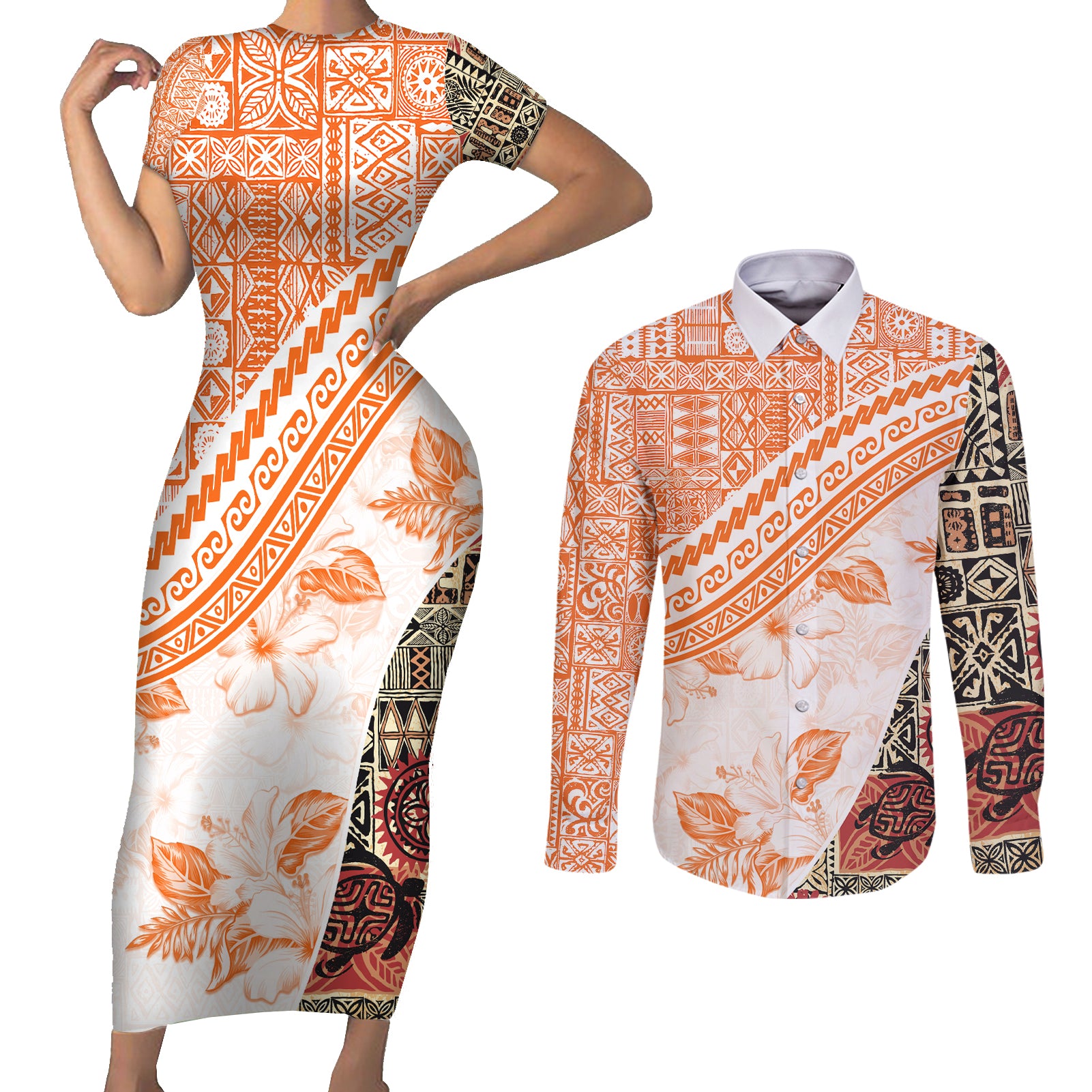 Hawaiian Tapa Couples Matching Short Sleeve Bodycon Dress and Long Sleeve Button Shirt Traditional Vintage Pattern Orange LT05 Orange - Polynesian Pride