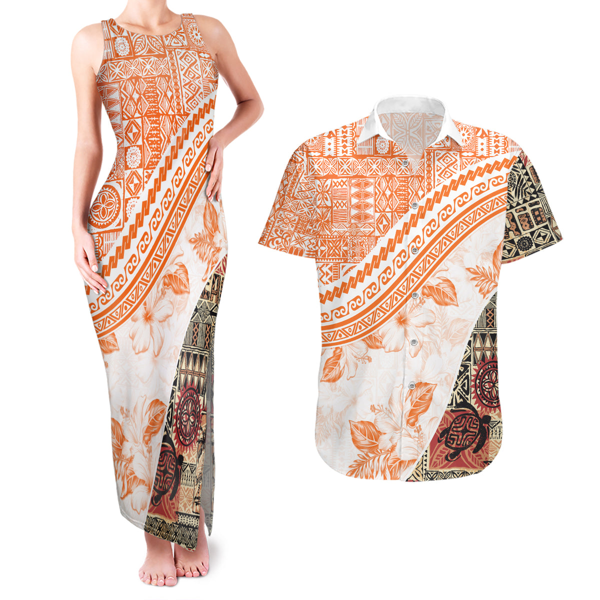 Hawaiian Tapa Couples Matching Tank Maxi Dress and Hawaiian Shirt Traditional Vintage Pattern Orange LT05 Orange - Polynesian Pride