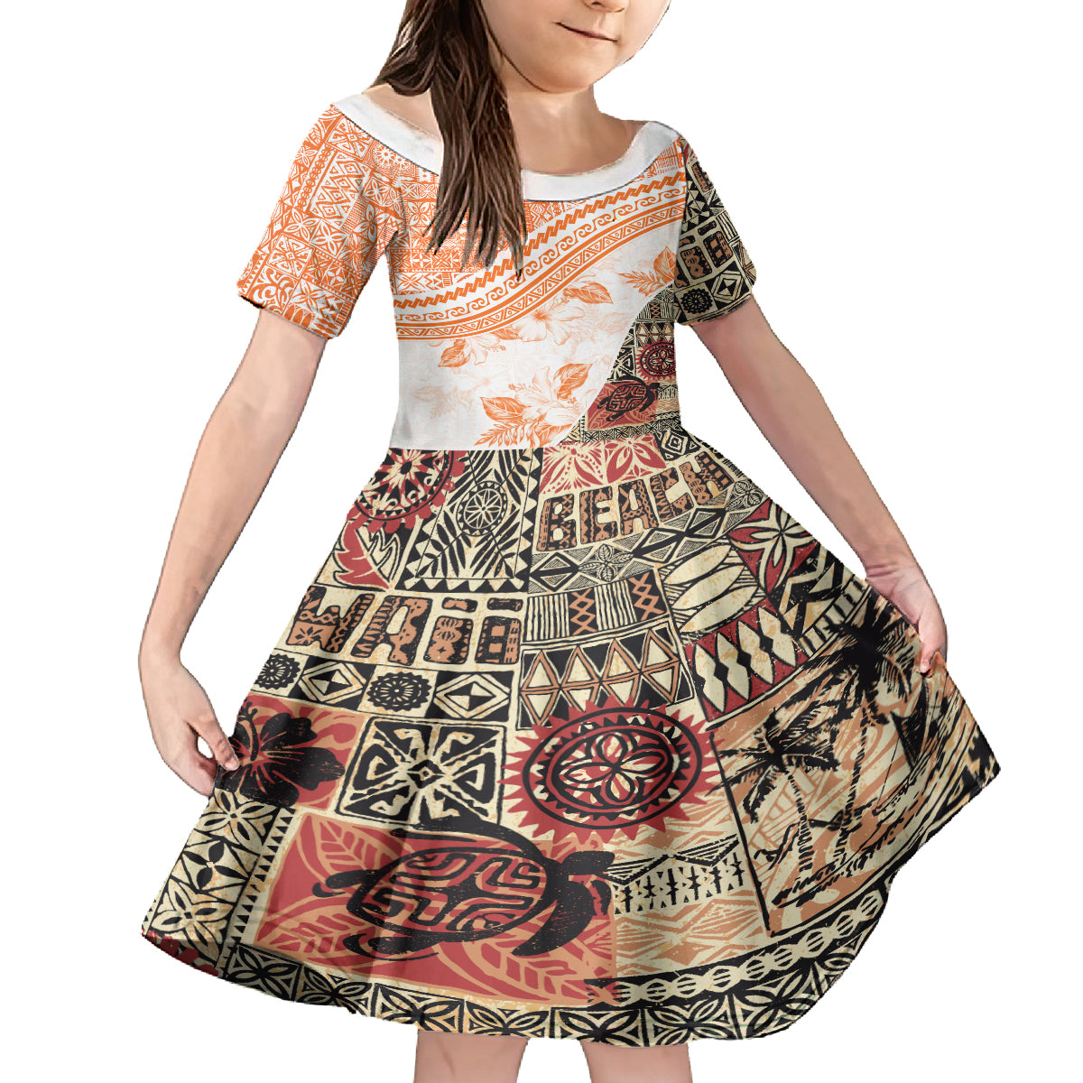 Hawaiian Tapa Family Matching Off Shoulder Short Dress and Hawaiian Shirt Traditional Vintage Pattern Orange LT05 Daughter's Dress Orange - Polynesian Pride