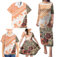 Hawaiian Tapa Family Matching Puletasi Dress and Hawaiian Shirt Traditional Vintage Pattern Orange LT05 - Polynesian Pride