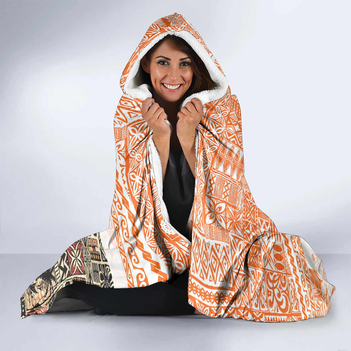 Hawaiian Tapa Hooded Blanket Traditional Vintage Pattern Orange LT05 - Polynesian Pride