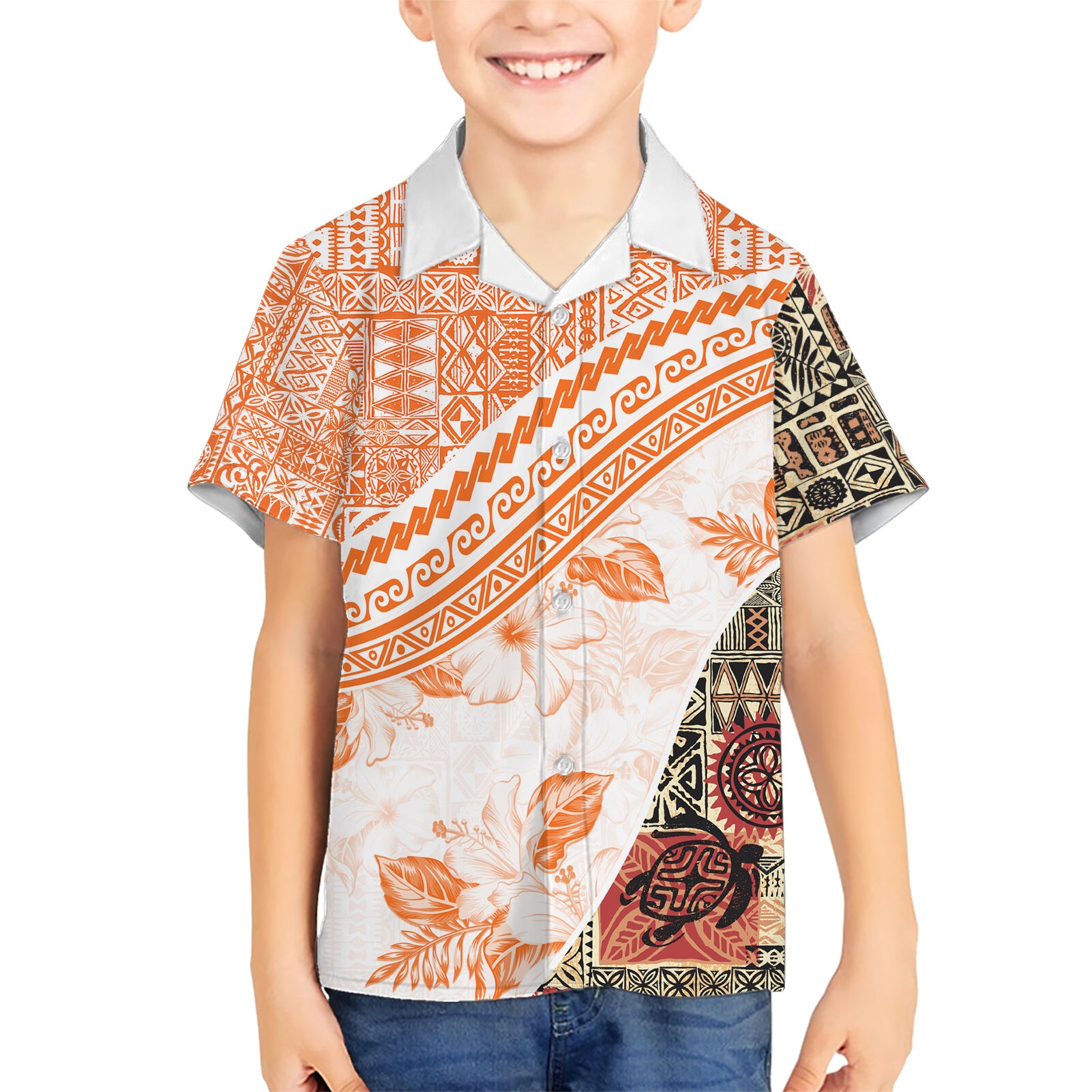 Hawaiian Tapa Kid Hawaiian Shirt Traditional Vintage Pattern Orange LT05 Kid Orange - Polynesian Pride