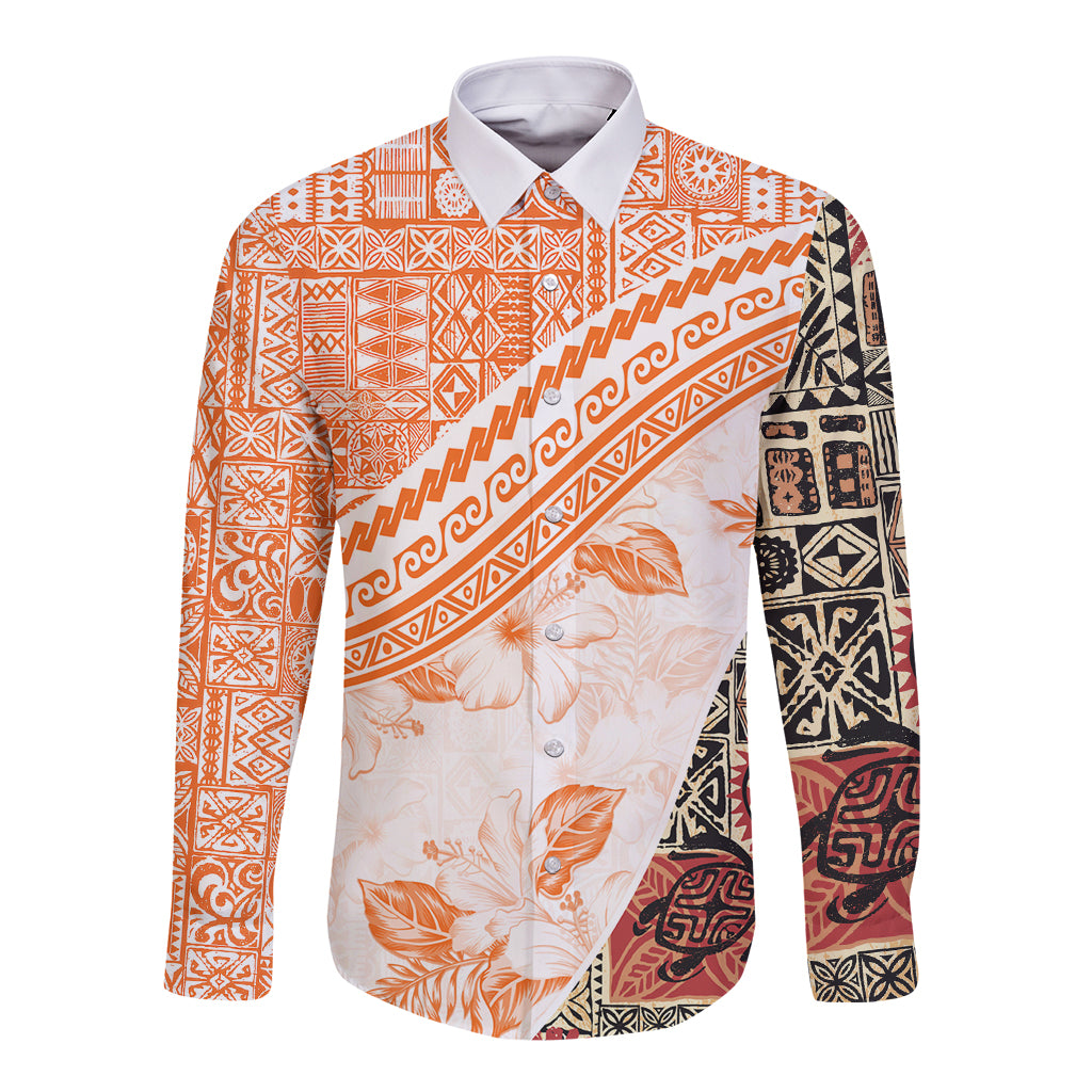 Hawaiian Tapa Long Sleeve Button Shirt Traditional Vintage Pattern Orange LT05 Unisex Orange - Polynesian Pride