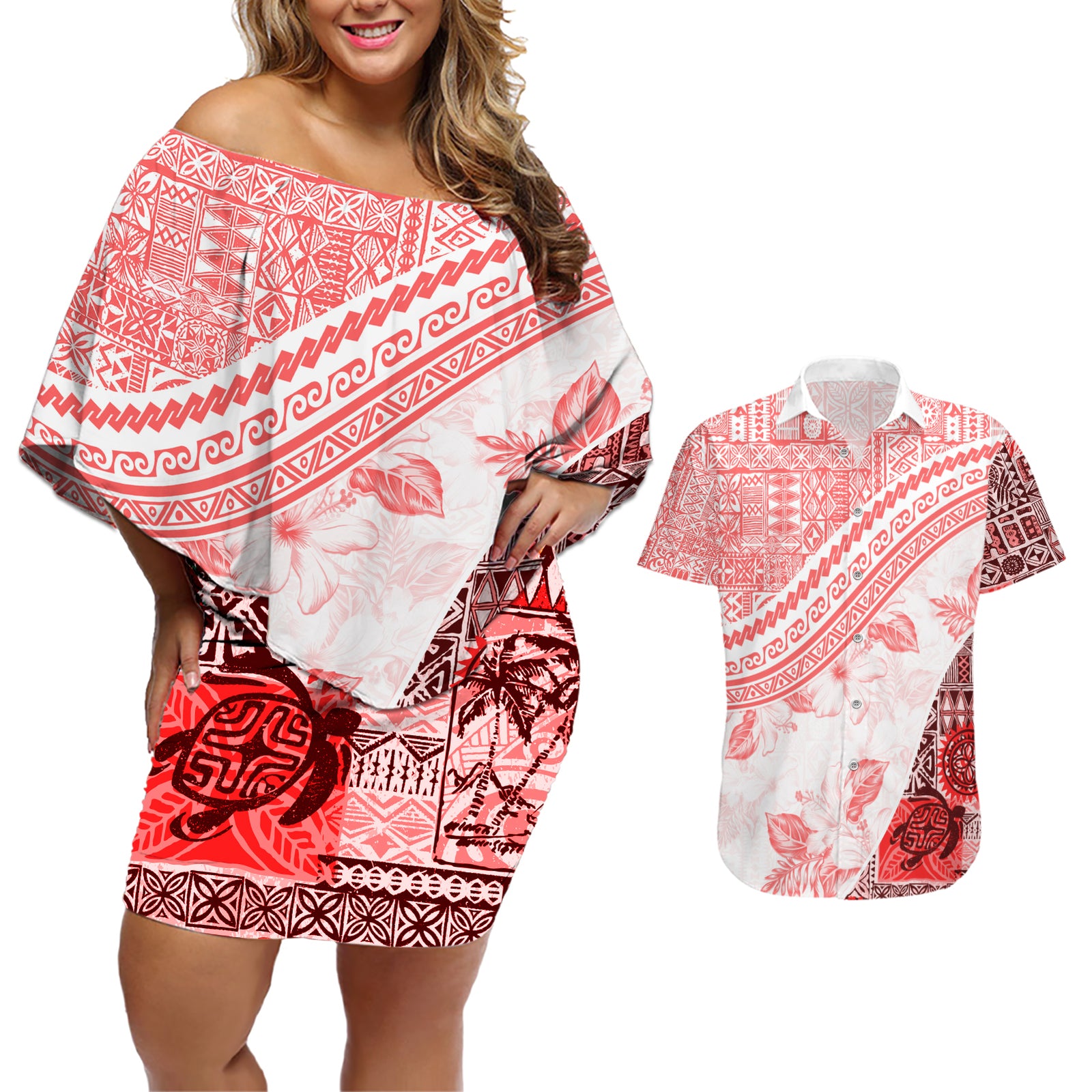 Hawaiian Tapa Couples Matching Off Shoulder Short Dress and Hawaiian Shirt Traditional Vintage Pattern Red LT05 Red - Polynesian Pride