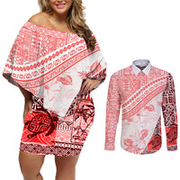 Hawaiian Tapa Couples Matching Off Shoulder Short Dress and Long Sleeve Button Shirt Traditional Vintage Pattern Red LT05 Red - Polynesian Pride