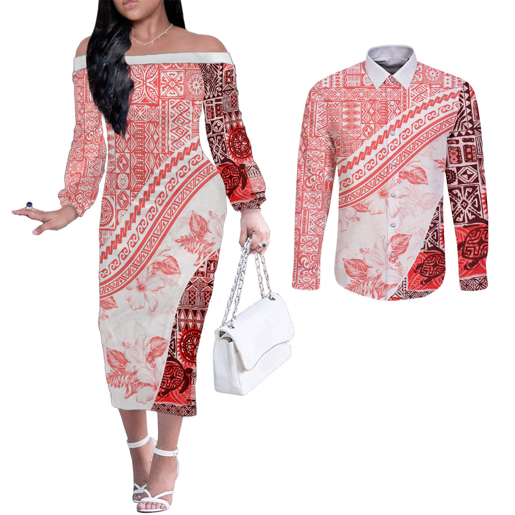 Hawaiian Tapa Couples Matching Off The Shoulder Long Sleeve Dress and Long Sleeve Button Shirt Traditional Vintage Pattern Red LT05 Red - Polynesian Pride