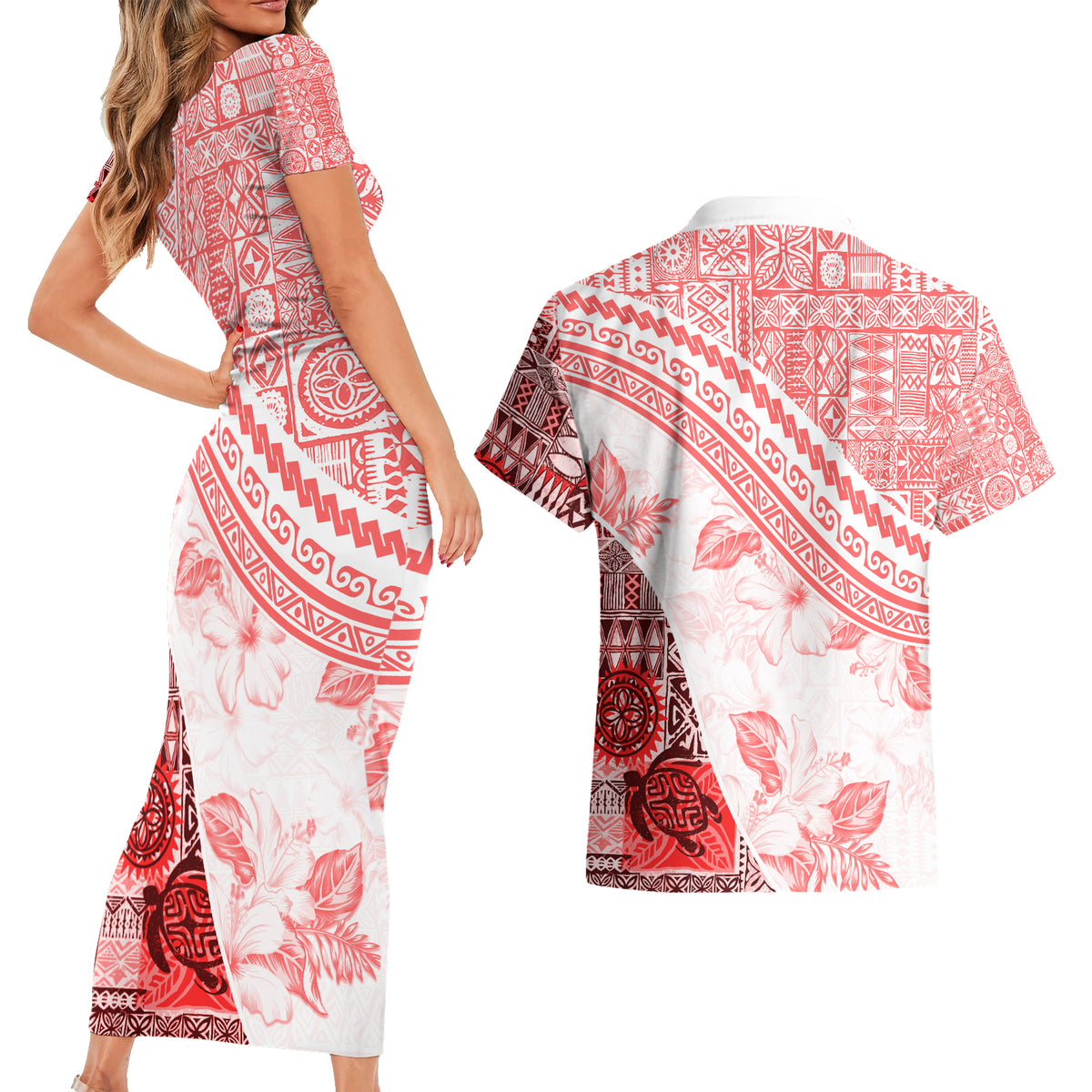 Hawaiian Tapa Couples Matching Short Sleeve Bodycon Dress and Hawaiian Shirt Traditional Vintage Pattern Red LT05 - Polynesian Pride
