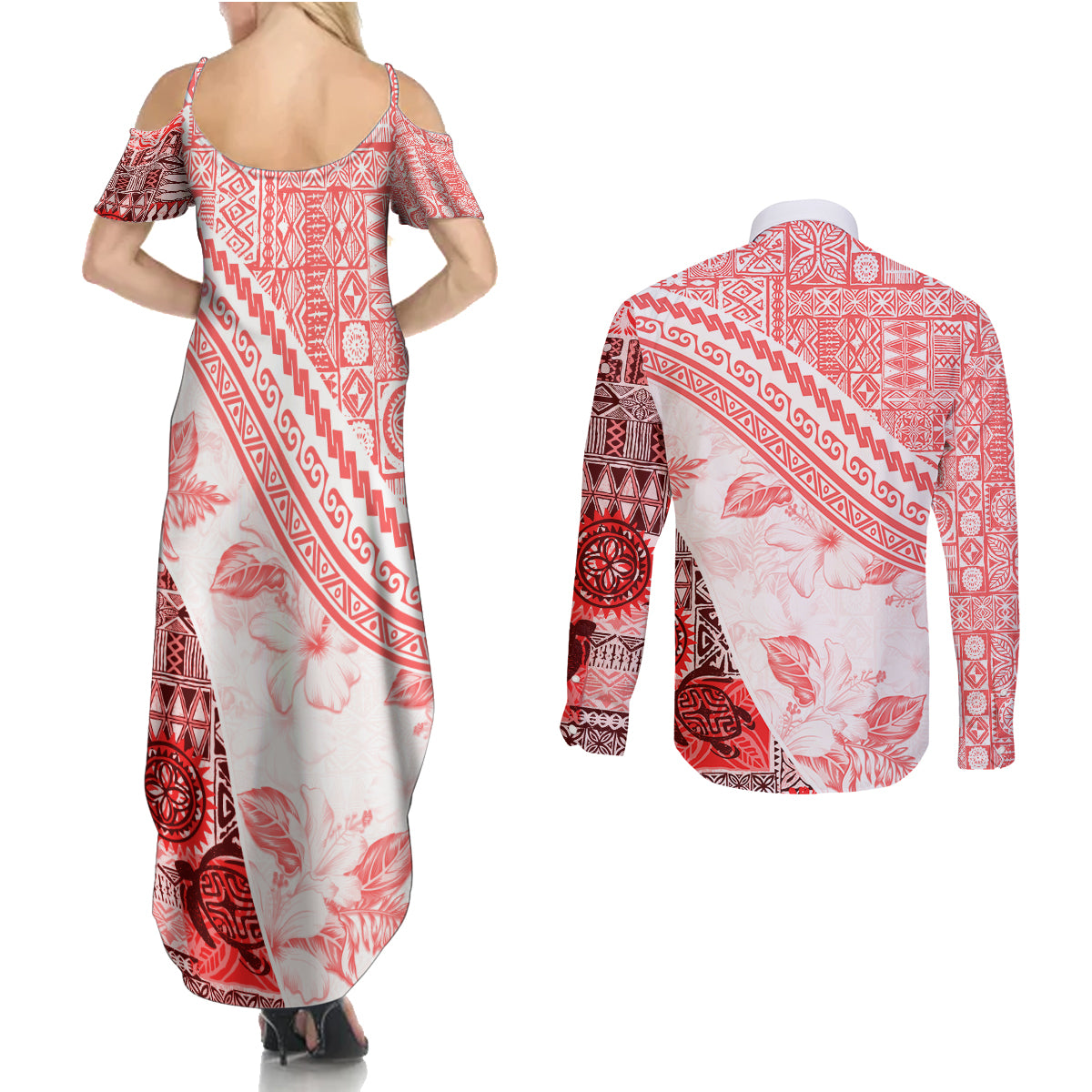Hawaiian Tapa Couples Matching Summer Maxi Dress and Long Sleeve Button Shirt Traditional Vintage Pattern Red LT05 - Polynesian Pride