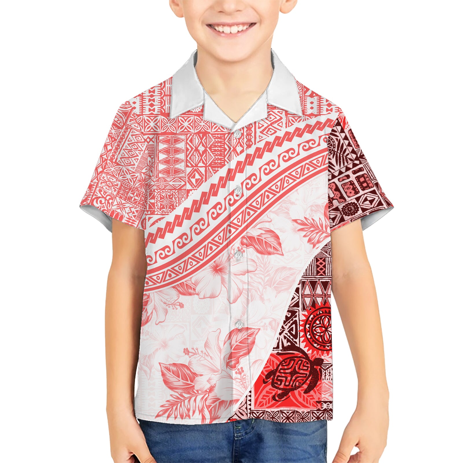 Hawaiian Tapa Kid Hawaiian Shirt Traditional Vintage Pattern Red LT05 Kid Red - Polynesian Pride