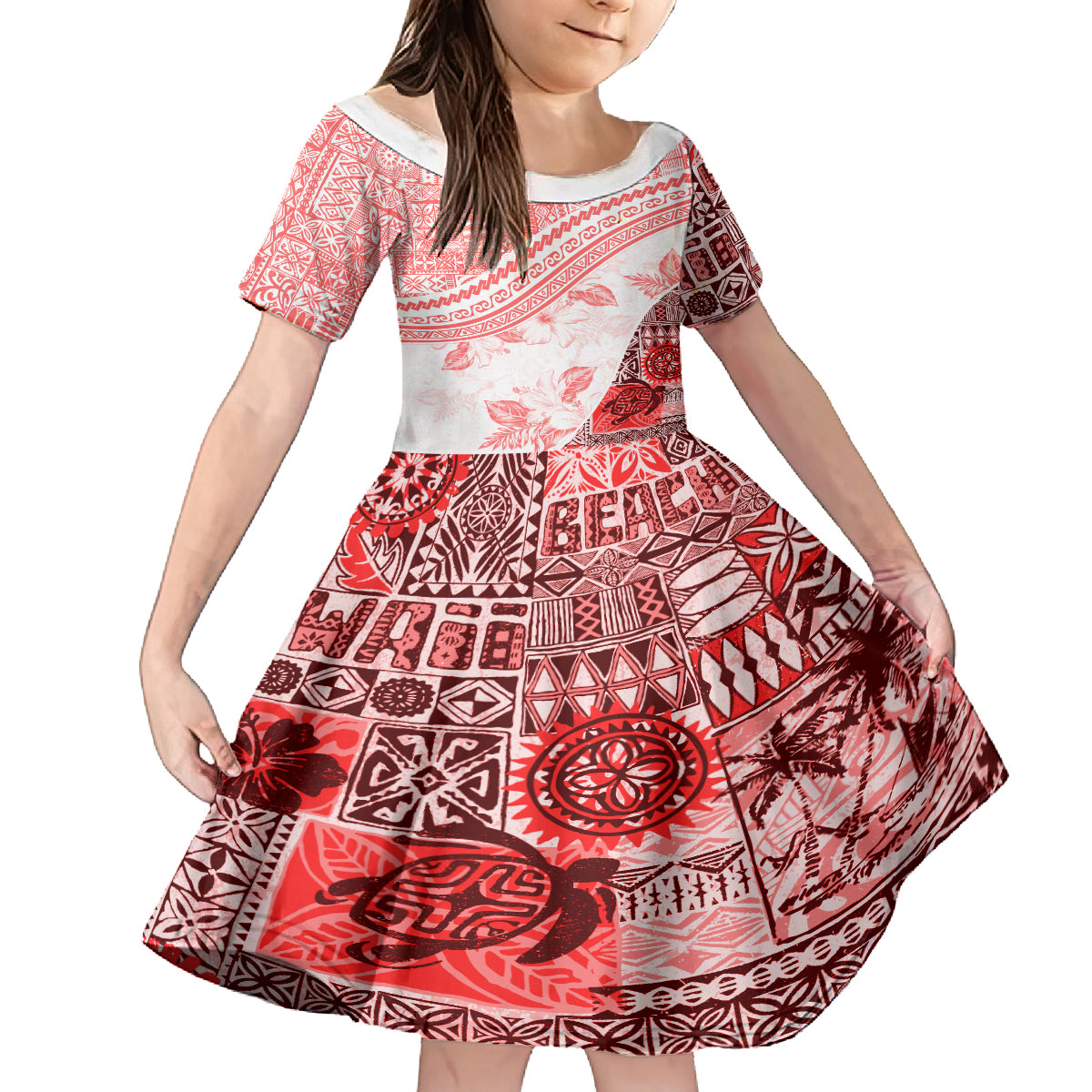 Hawaiian Tapa Kid Short Sleeve Dress Traditional Vintage Pattern Red LT05 KID Red - Polynesian Pride
