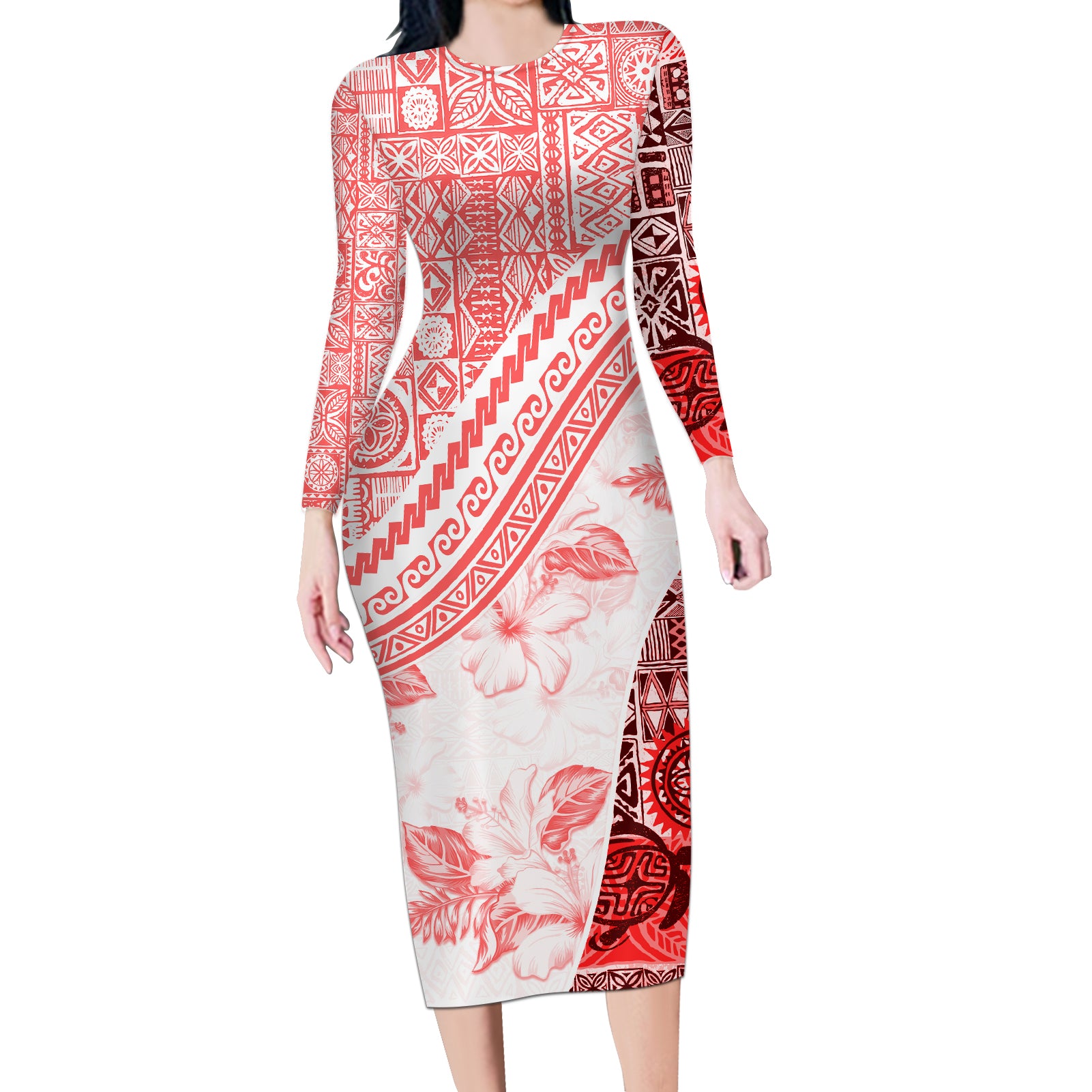 Hawaiian Tapa Long Sleeve Bodycon Dress Traditional Vintage Pattern Red LT05 Long Dress Red - Polynesian Pride