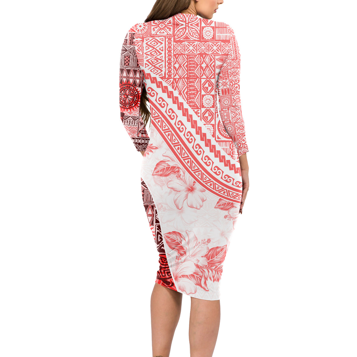 Hawaiian Tapa Long Sleeve Bodycon Dress Traditional Vintage Pattern Red LT05 - Polynesian Pride