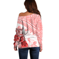 Hawaiian Tapa Off Shoulder Sweater Traditional Vintage Pattern Red LT05 - Polynesian Pride