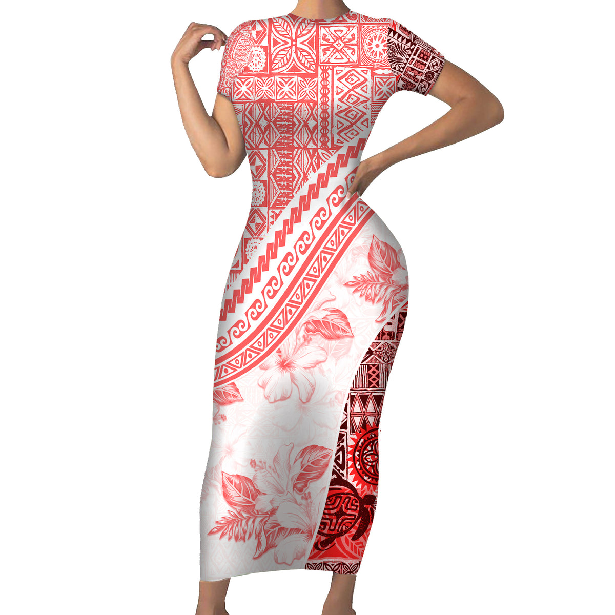 Hawaiian Tapa Short Sleeve Bodycon Dress Traditional Vintage Pattern Red LT05 Long Dress Red - Polynesian Pride