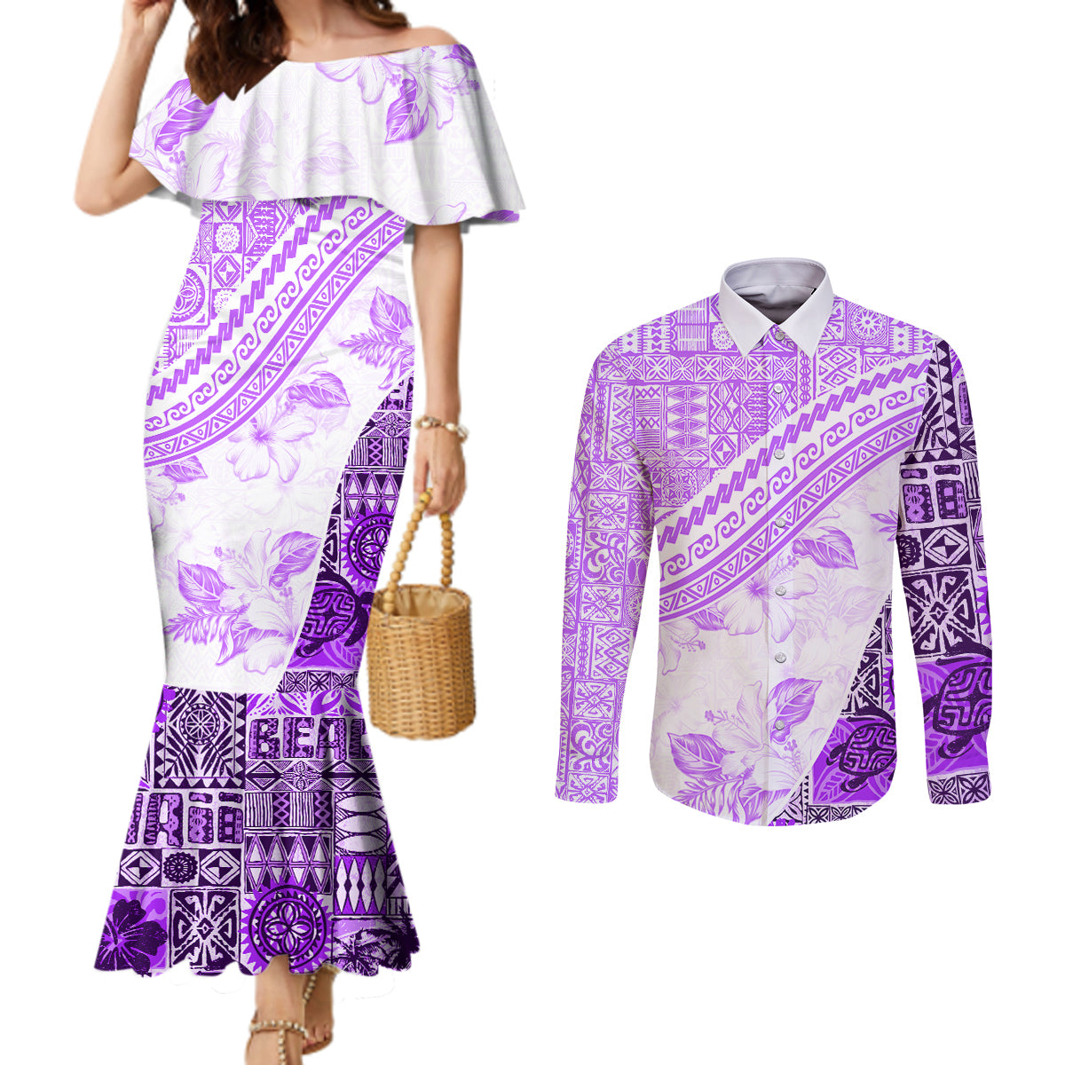 Hawaiian Tapa Couples Matching Mermaid Dress and Long Sleeve Button Shirt Traditional Vintage Pattern Violet LT05 Violet - Polynesian Pride