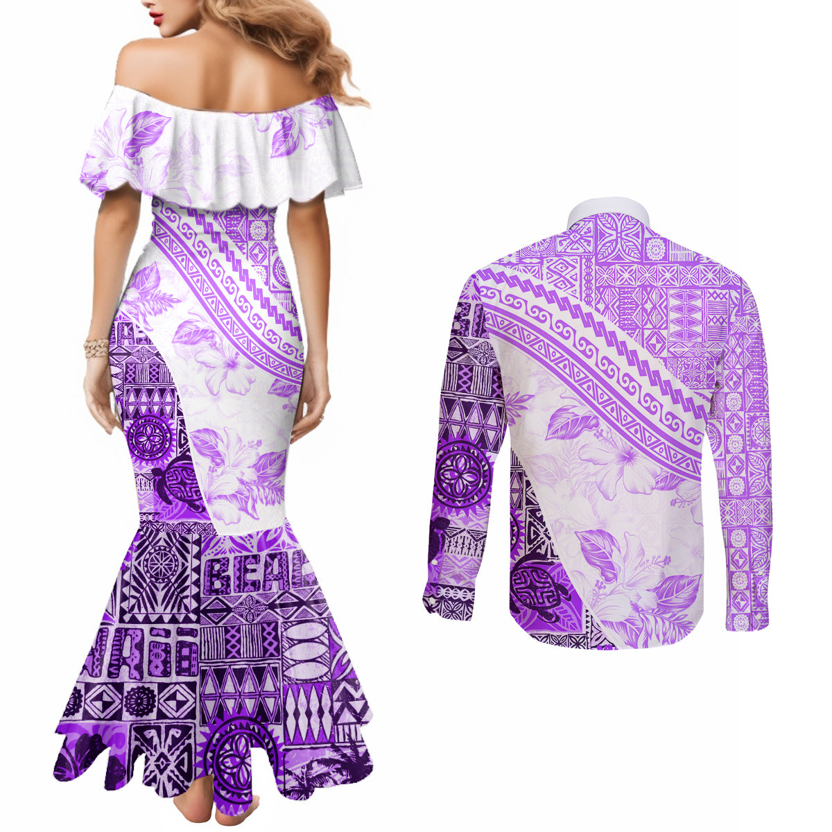 Hawaiian Tapa Couples Matching Mermaid Dress and Long Sleeve Button Shirt Traditional Vintage Pattern Violet LT05 - Polynesian Pride