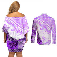 Hawaiian Tapa Couples Matching Off Shoulder Short Dress and Long Sleeve Button Shirt Traditional Vintage Pattern Violet LT05 - Polynesian Pride