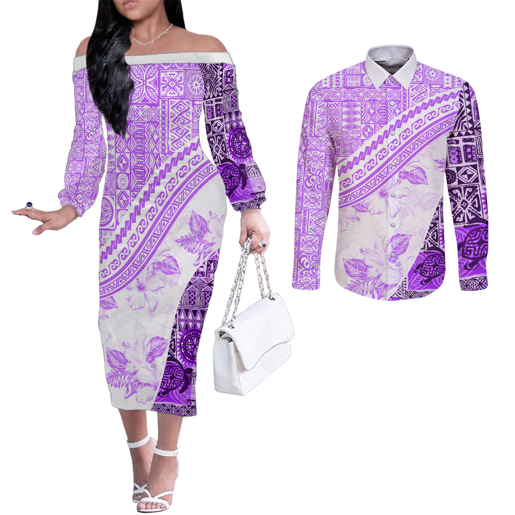 Hawaiian Tapa Couples Matching Off The Shoulder Long Sleeve Dress and Long Sleeve Button Shirt Traditional Vintage Pattern Violet LT05 Violet - Polynesian Pride