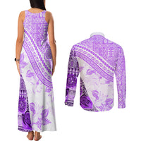 Hawaiian Tapa Couples Matching Tank Maxi Dress and Long Sleeve Button Shirt Traditional Vintage Pattern Violet LT05 - Polynesian Pride