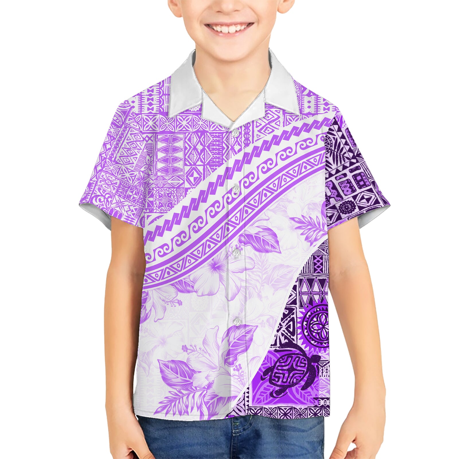 Hawaiian Tapa Kid Hawaiian Shirt Traditional Vintage Pattern Violet LT05 Kid Violet - Polynesian Pride