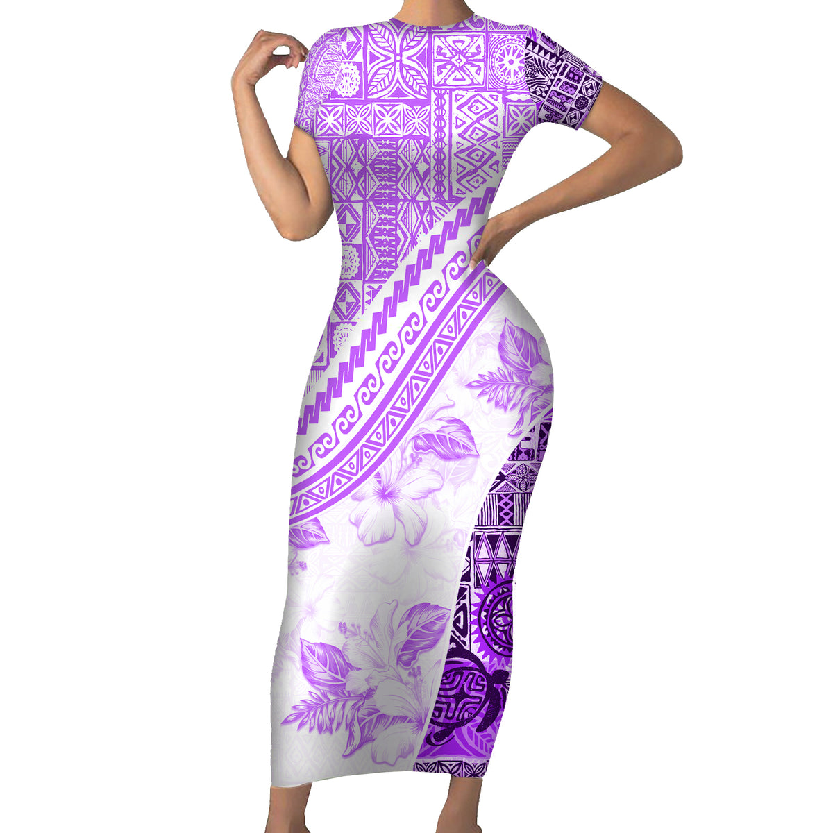 Hawaiian Tapa Short Sleeve Bodycon Dress Traditional Vintage Pattern Violet LT05 Long Dress Violet - Polynesian Pride