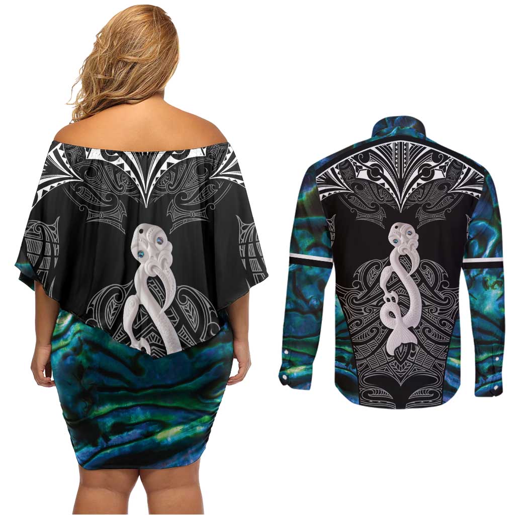 New Zealand Aotearoa Couples Matching Off Shoulder Short Dress and Long Sleeve Button Shirt Maori Taniwha Paua Shell