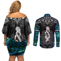 New Zealand Aotearoa Couples Matching Off Shoulder Short Dress and Long Sleeve Button Shirt Maori Taniwha Paua Shell
