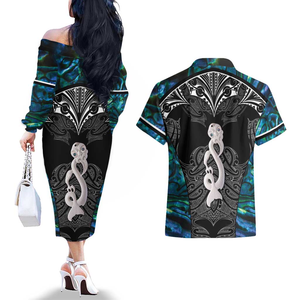 New Zealand Aotearoa Couples Matching Off The Shoulder Long Sleeve Dress and Hawaiian Shirt Maori Taniwha Paua Shell
