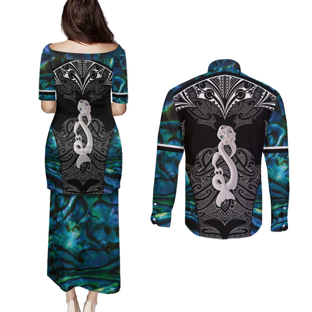 New Zealand Aotearoa Couples Matching Puletasi and Long Sleeve Button Shirt Maori Taniwha Paua Shell