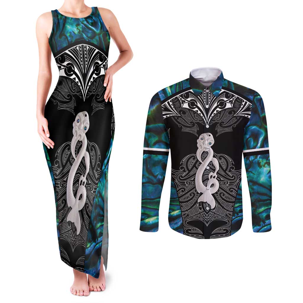 New Zealand Aotearoa Couples Matching Tank Maxi Dress and Long Sleeve Button Shirt Maori Taniwha Paua Shell