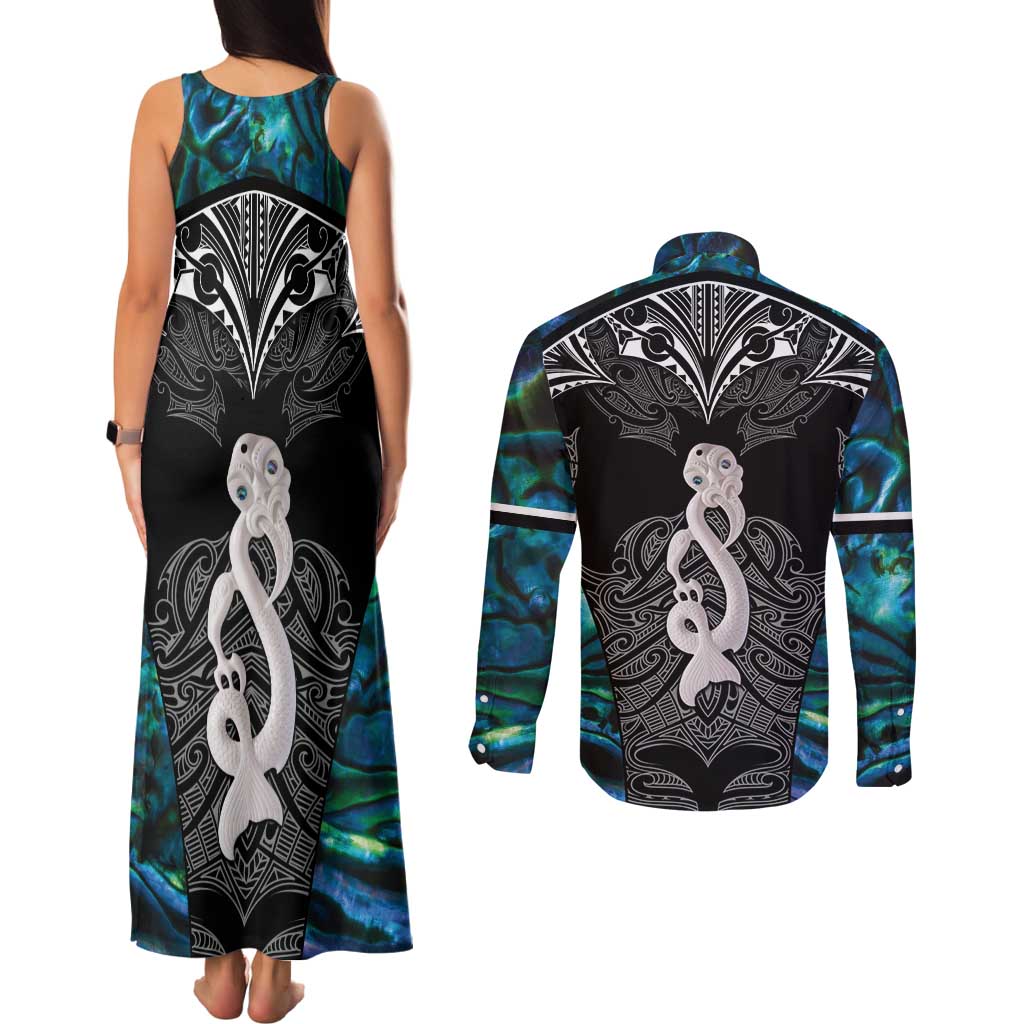 New Zealand Aotearoa Couples Matching Tank Maxi Dress and Long Sleeve Button Shirt Maori Taniwha Paua Shell