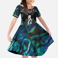 New Zealand Aotearoa Family Matching Mermaid Dress and Hawaiian Shirt Maori Taniwha Paua Shell LT05 Daughter's Dress Black - Polynesian Pride
