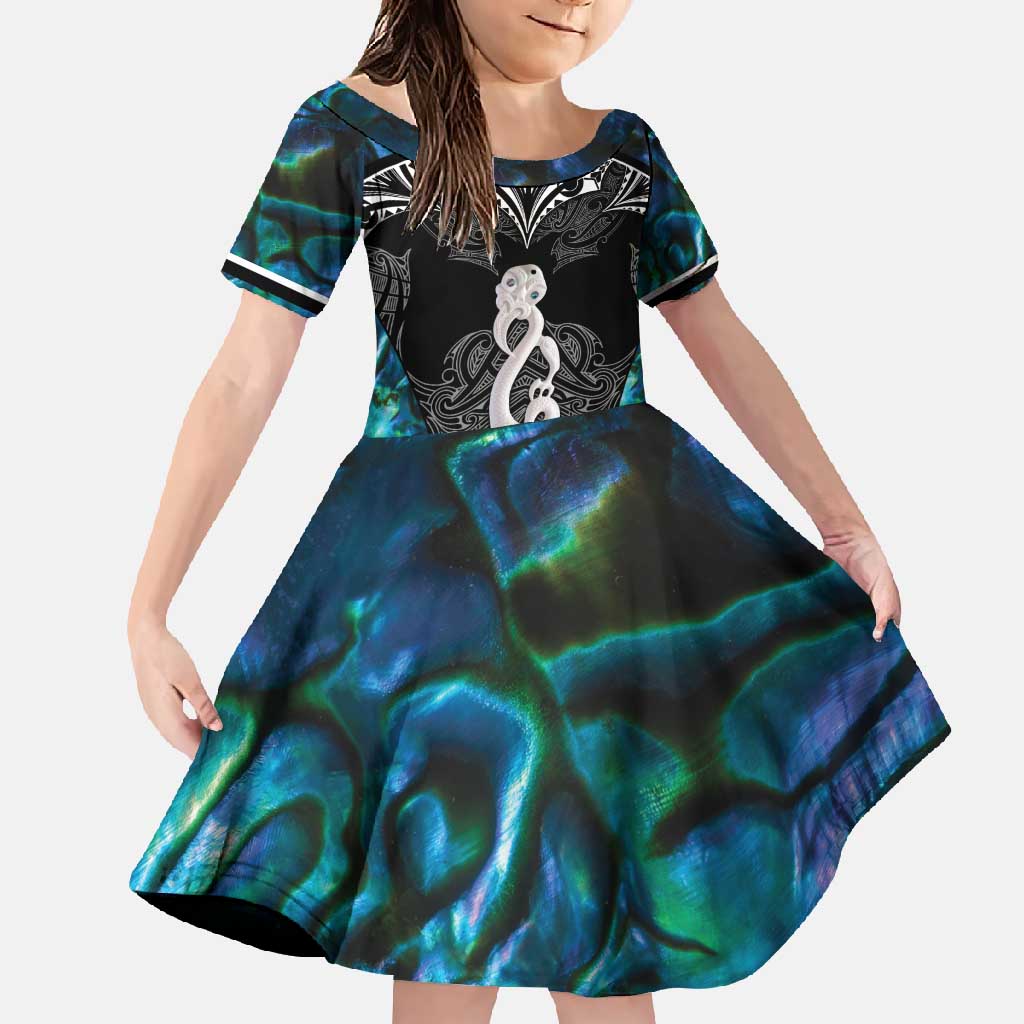 New Zealand Aotearoa Family Matching Tank Maxi Dress and Hawaiian Shirt Maori Taniwha Paua Shell LT05 Daughter's Dress Black - Polynesian Pride