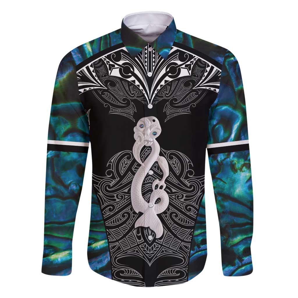 New Zealand Aotearoa Family Matching Tank Maxi Dress and Hawaiian Shirt Maori Taniwha Paua Shell LT05 Dad's Shirt - Long Sleeve Black - Polynesian Pride