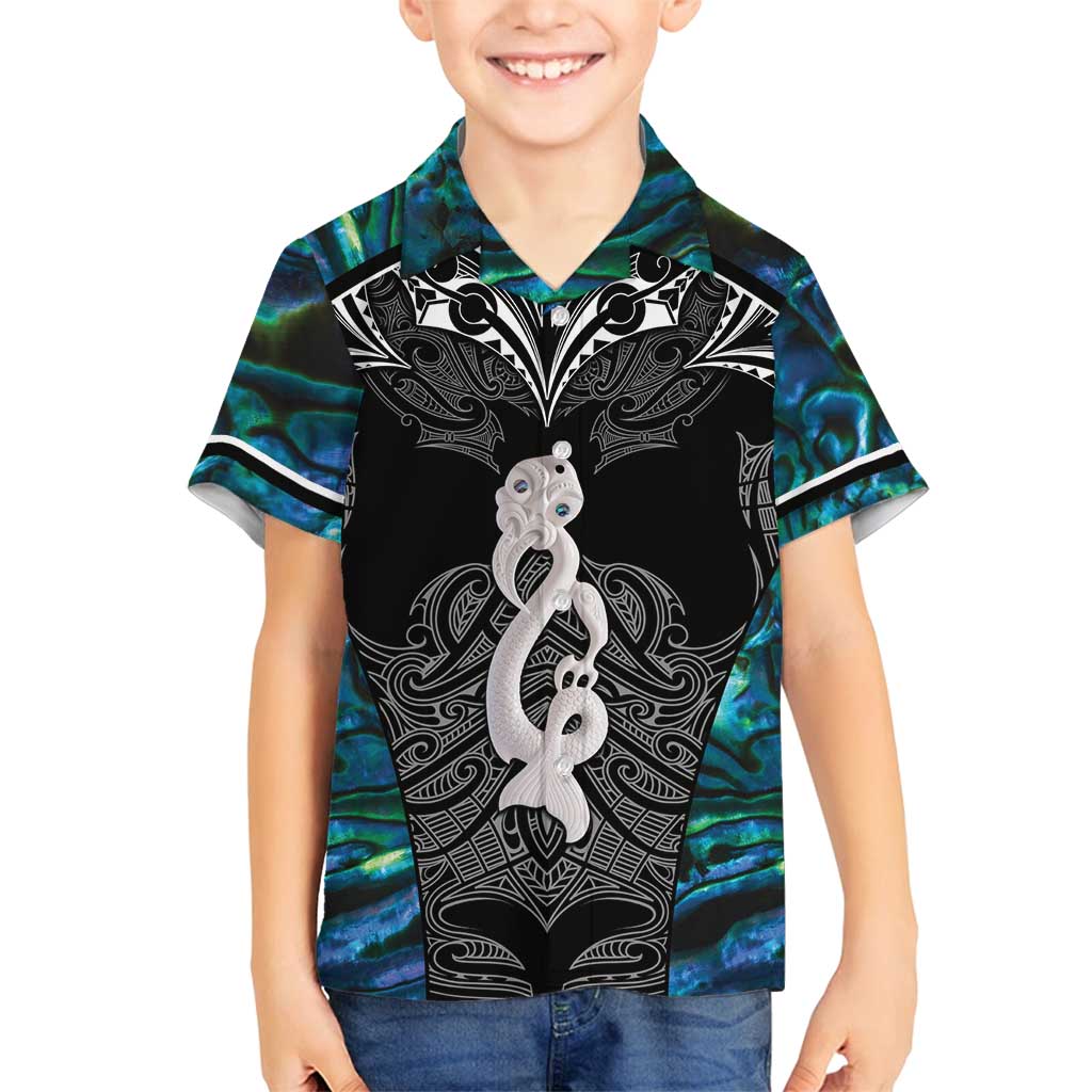 New Zealand Aotearoa Family Matching Tank Maxi Dress and Hawaiian Shirt Maori Taniwha Paua Shell LT05 Son's Shirt Black - Polynesian Pride