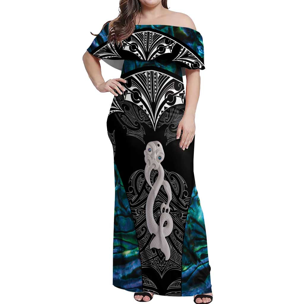 New Zealand Aotearoa Off Shoulder Maxi Dress Maori Taniwha Paua Shell LT05 Women Black - Polynesian Pride