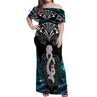 New Zealand Aotearoa Off Shoulder Maxi Dress Maori Taniwha Paua Shell LT05 Women Black - Polynesian Pride