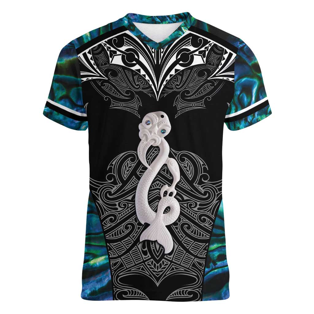 New Zealand Aotearoa Women V-Neck T-Shirt Maori Taniwha Paua Shell