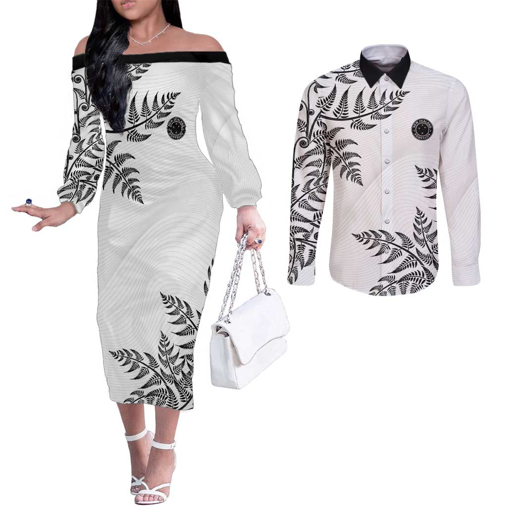 Custom New Zealand Football Couples Matching Off The Shoulder Long Sleeve Dress and Long Sleeve Button Shirt Aotearoa Pride - Polynesian Pride