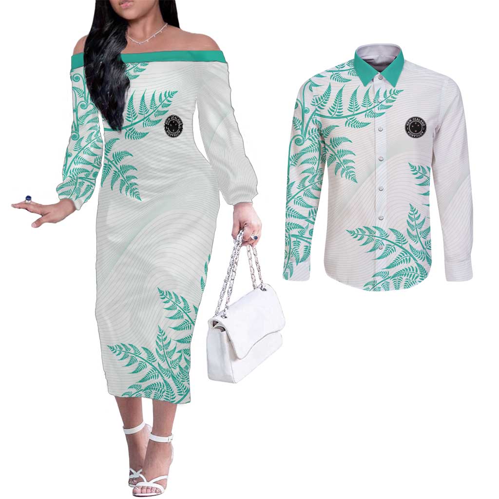 Custom New Zealand Football Couples Matching Off The Shoulder Long Sleeve Dress and Long Sleeve Button Shirt Aotearoa Pride Aqua Version - Polynesian Pride