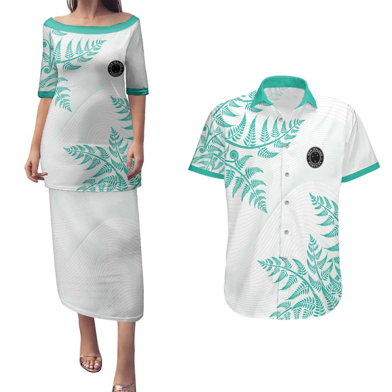 Custom New Zealand Football Couples Matching Puletasi and Hawaiian Shirt Aotearoa Pride Aqua Version - Polynesian Pride
