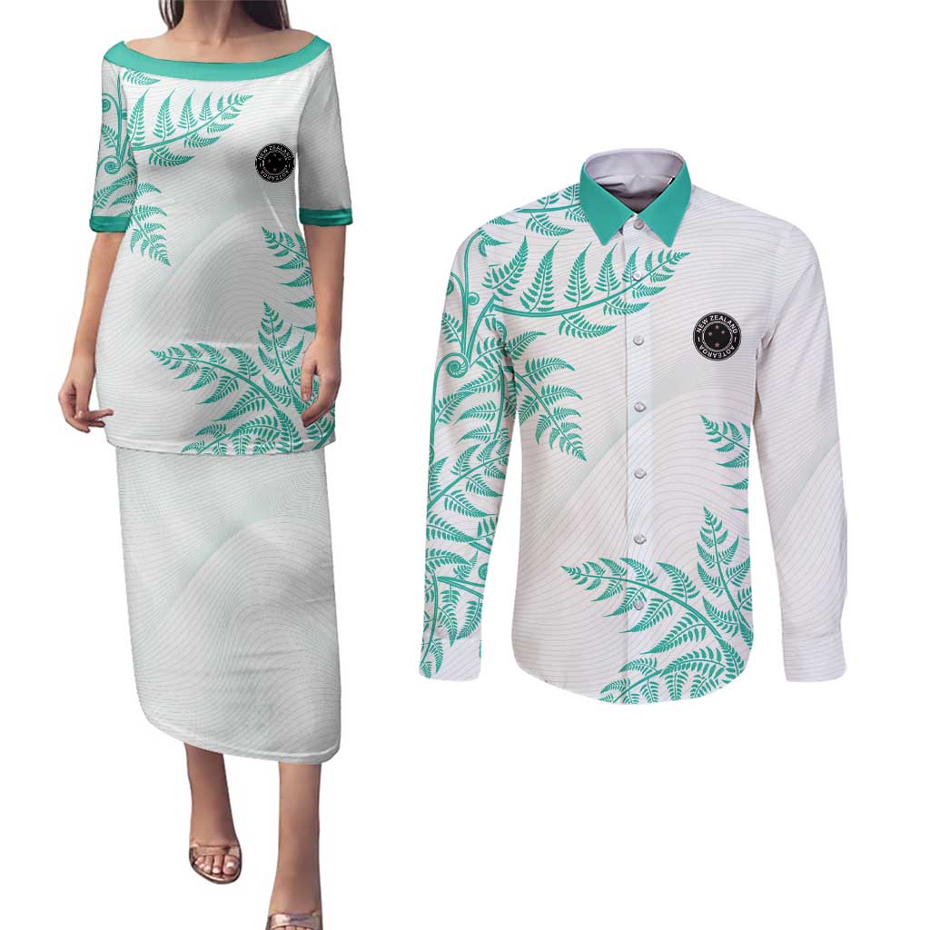 Custom New Zealand Football Couples Matching Puletasi and Long Sleeve Button Shirt Aotearoa Pride Aqua Version - Polynesian Pride