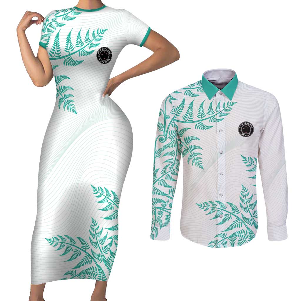 Custom New Zealand Football Couples Matching Short Sleeve Bodycon Dress and Long Sleeve Button Shirt Aotearoa Pride Aqua Version - Polynesian Pride