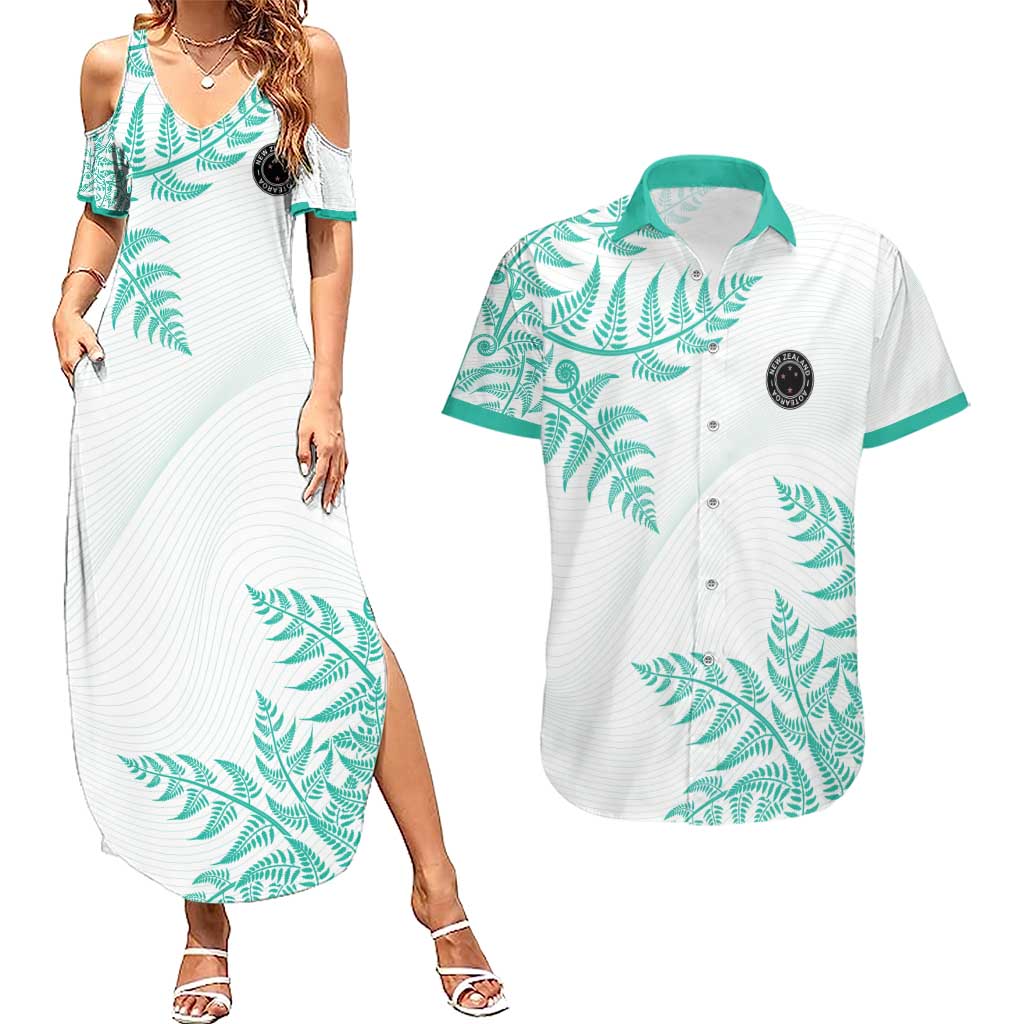 Custom New Zealand Football Couples Matching Summer Maxi Dress and Hawaiian Shirt Aotearoa Pride Aqua Version - Polynesian Pride